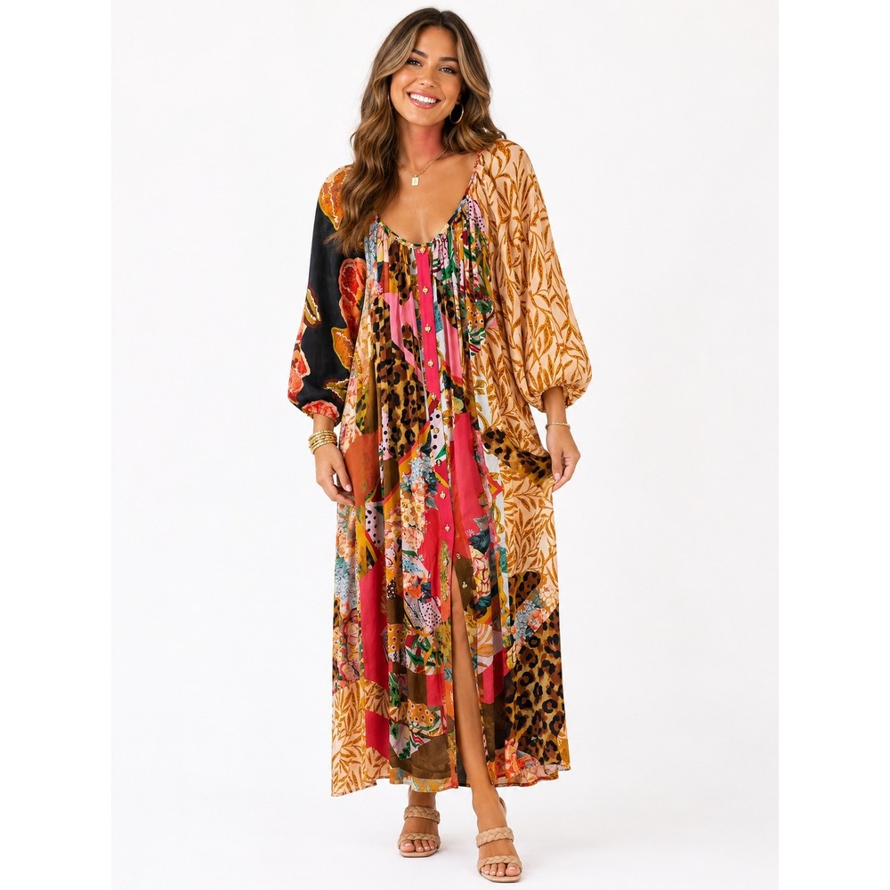 Geisha Designs Retro Patchwork Maxi Dress Large Pink Leopard Floral Boho Chic